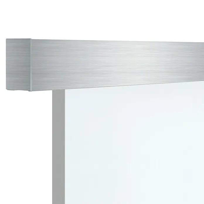Diamond Doors Holzschiebetür-Beschlag Linea 60 Premium 2.0 - Edelstahloptik, Art Beschlag: Geschlossen, Länge: 2.000 mm - Nahaufnahme eines modernen weißen Paneels mit einer eleganten silbernen Abdeckung. Die schlichte Ästhetik verleiht jedem Raum einen Hauch von Stil.