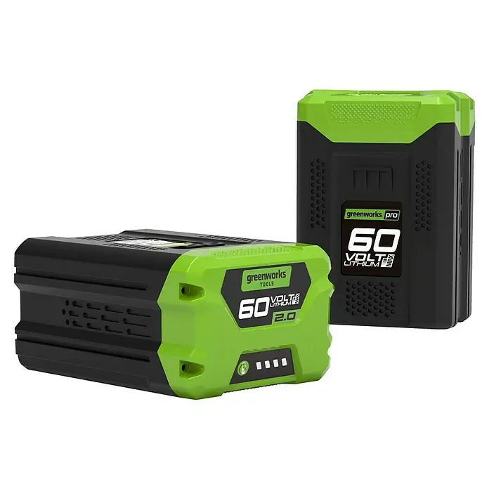 Greenworks 60V Akkusystem Akku-Rasenmäher GD60LM46SP - 60 V, 1 Akku, 4 Ah, Schnittbreite: 46 cm - Zwei Greenworks Pro 60-Volt-Akkus, einer 2,0 Ah und einer ohne Kapazitätsangabe, dargestellt vor neutralem Hintergrund.