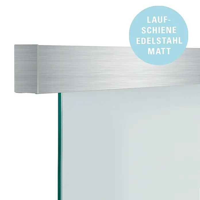 Diamond Doors Glasschiebetür-Beschlag Linea 60 Premium 2.0 - Edelstahloptik, Art Beschlag: Geschlossen, Länge: 2.200 mm - Detailansicht einer Glasschiebetür mit matter Edelstahl-Laufschiene, die modernes Design und Funktionalität vereint.