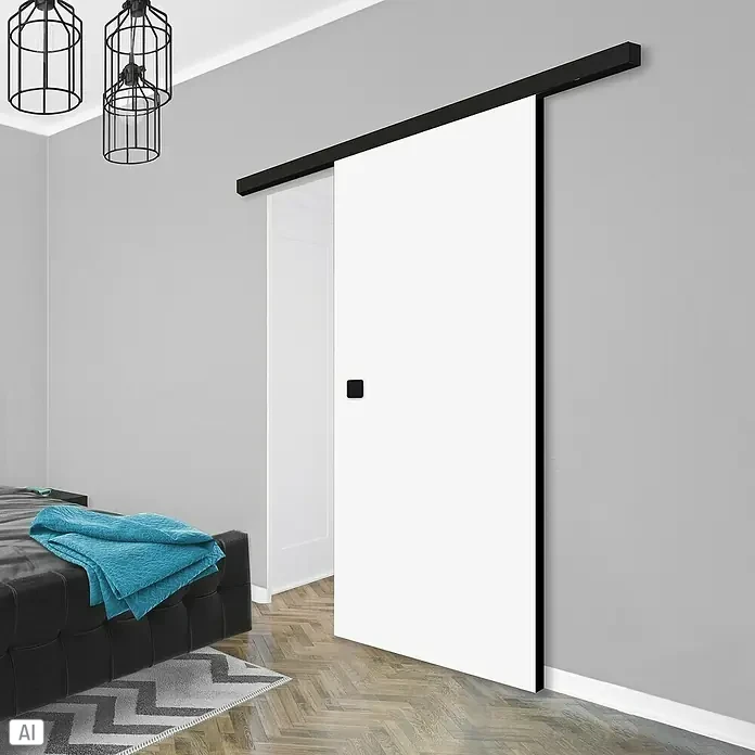 Diamond Doors Schiebetürbeschlag Linea 40 Premium Holz/Glas - Aluminium, Art Beschlag: Geschlossen, 1.900 mm - Modernes Raumambiente mit einer eleganten, weißen Schiebetür mit schwarzem Beschlag, die Funktionalität und Design vereint.