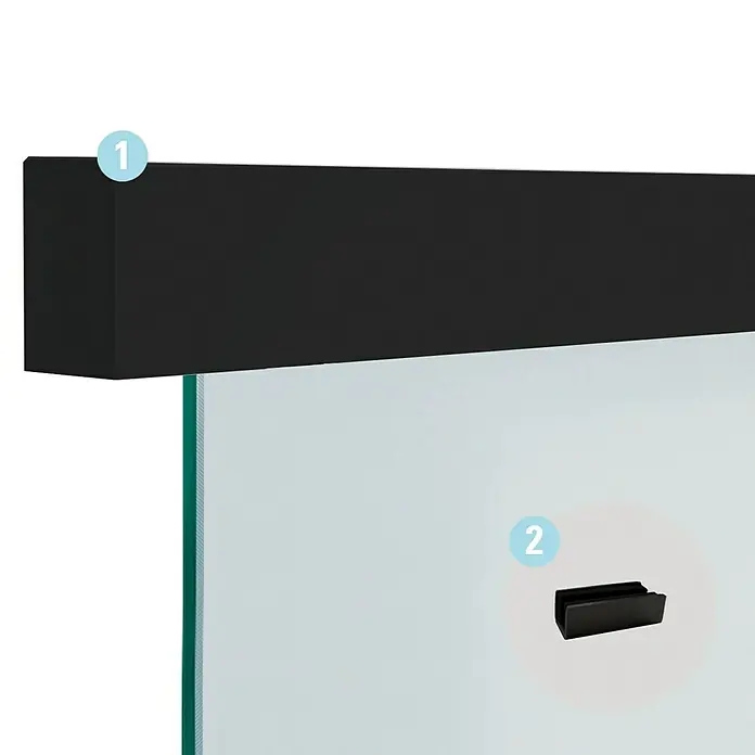 Diamond Doors Glasschiebetür-Beschlag Linea 60 Premium 2.0 - Schwarz, Art Beschlag: Geschlossen, Länge: 2.000 mm - Nahaufnahme eines Aquariums mit schwarzer Oberseite und einer kleinen schwarzen Box, die am Glas befestigt ist, alles vor einem schwarzen Hintergrund.