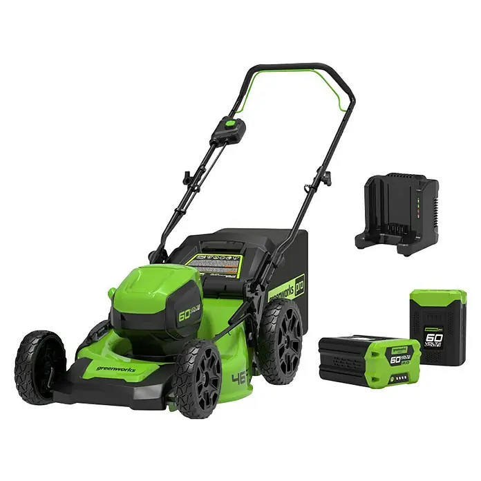 Greenworks 60V Akkusystem Akku-Rasenmäher GD60LM46HPK2X - 60 V, 2 Akkus, 2 Ah, Schnittbreite: 46 cm - Abbildung eines Greenworks Pro Akku-Rasenmähers mit Akku und Ladegerät.