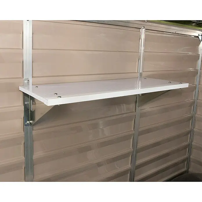 Palram – Canopia Estante - L x An: 83 x 30 cm, Blanco, Específico para: Casetas de jardín SkyLight y Rubicon - Detalle de un estante blanco fijado a una pared metálica dentro de un cobertizo. Una solución de almacenamiento práctica.