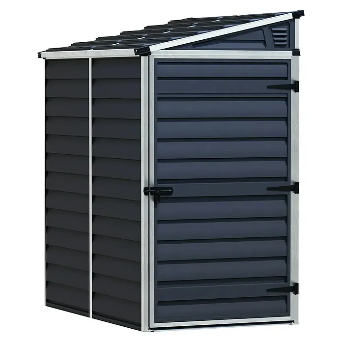 Palram – Canopia Caseta de jardín Skylight - Medidas ext. (An x Pr): 117,5 x 175 cm, Plástico, Antracita - La imagen muestra un cobertizo de jardín de plástico con una puerta lateral. El cobertizo tiene un techo plano y es gris.