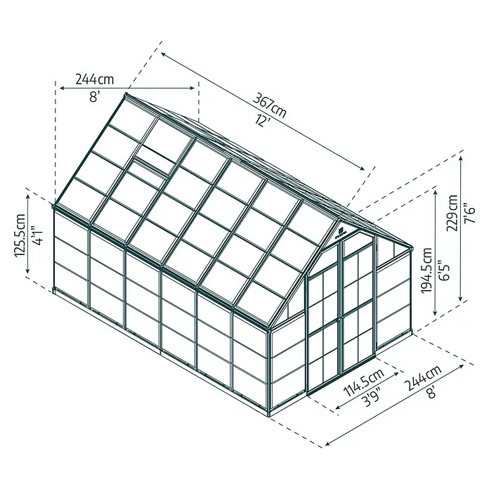 Palram – Canopia Invernadero Octave - Medidas ext. (An x Pr): 244 x 367 cm, Material de la pared lateral: Plástico, 0,7 mm, Plateado - Las dimensiones del invernadero se dan en centímetros y pies. Mide 367 cm de largo, 244 cm de ancho y 229 cm de alto.