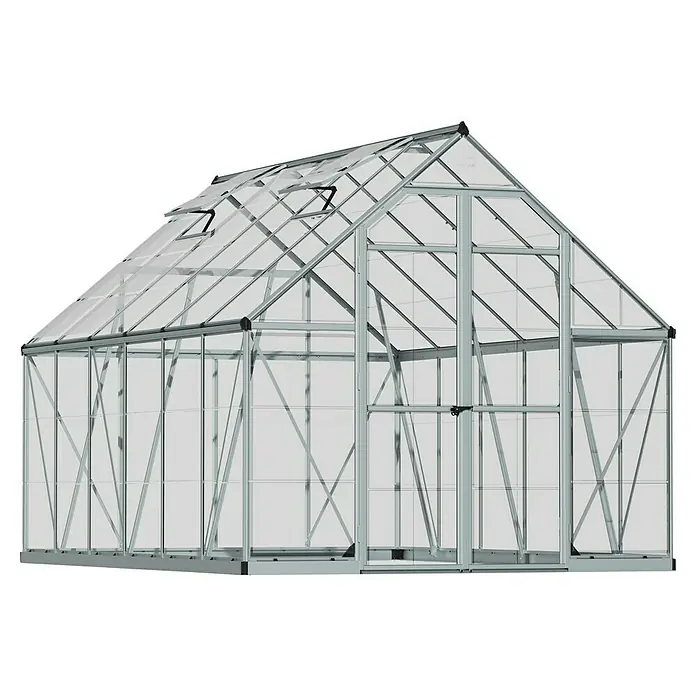 Palram – Canopia Invernadero Octave - Medidas ext. (An x Pr): 244 x 367 cm, Material de la pared lateral: Plástico, 0,7 mm, Plateado - Vista de un invernadero con estructura de aluminio y paneles transparentes, diseñado para jardinería, con ventilaciones en el techo.