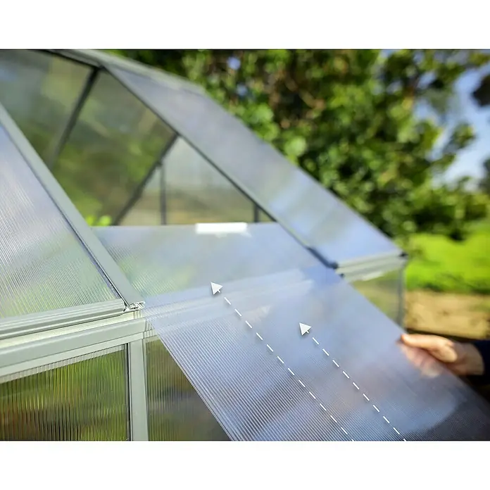 Palram – Canopia Invernadero Mythos - Medidas ext. (An x Pr): 185 x 247 cm, 4 mm, Gris - Primer plano de un invernadero con paneles de policarbonato, que aseguran estabilidad y transmisión de luz. Ideal para el cultivo.