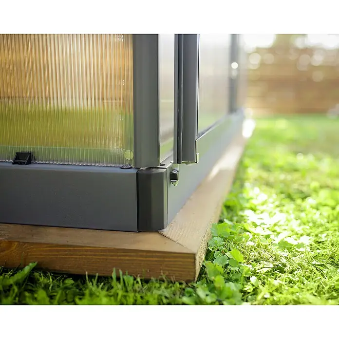 Palram – Canopia Invernadero Mythos - Medidas ext. (An x Pr): 185 x 126 cm, Material de la pared lateral: Plástico, 4 mm, Gris - Primer plano de un invernadero sobre una base de madera, con atención a los detalles de la construcción y la vegetación circundante.