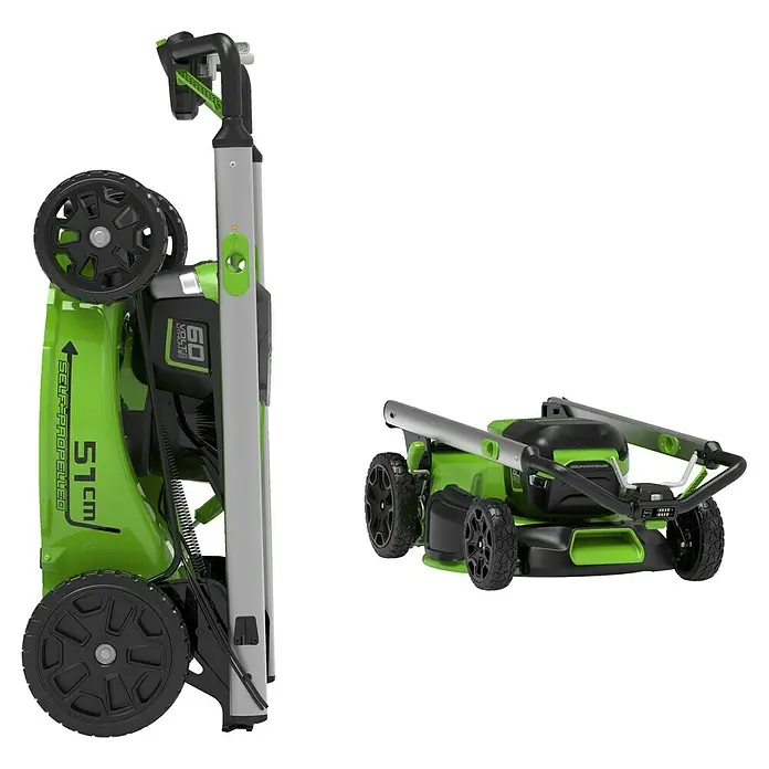 Greenworks 60V Akkusystem Akku-Rasenmäher GD60LM46SP - 60 V, 1 Akku, 4 Ah, Schnittbreite: 46 cm - Ein grüner, kompakter Akku-Rasenmäher mit verstellbarem Griff für einfache Lagerung und Transport. Ideal für kleine bis mittelgroße Gärten.