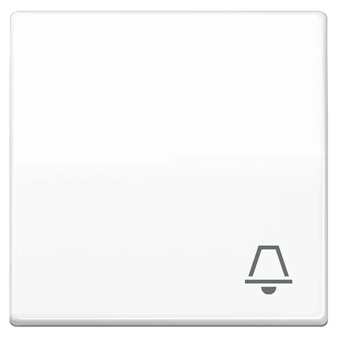 Jung AS 500 Universalwippe AS591KWW - Mit Symbol Klingel, Alpinweiß glänzend, Kunststoff - Ein weißer, quadratischer Klingeltaster mit einem grauen Glockensymbol in der unteren rechten Ecke.