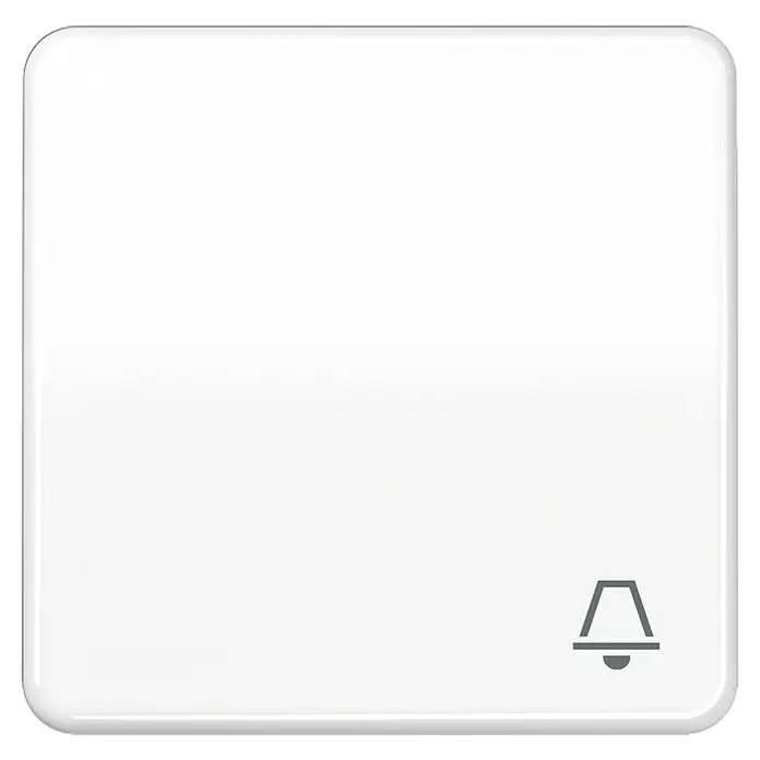 Jung CD 500 Universalwippe CD590KWW - Mit Symbol Klingel, Alpinweiß glänzend, Kunststoff - Eine Nahaufnahme einer weißen Klingelknopf-Abdeckung mit einem grauen Klingelsymbol in der unteren rechten Ecke.