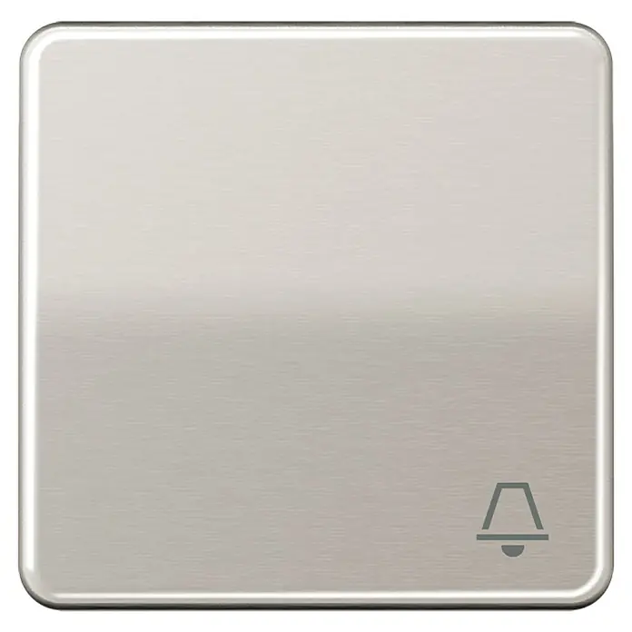 Jung CD 500 Universalwippe CD590KPT - Mit Symbol Klingel, Platin glänzend, Aluminium - Silberner Klingelknopf mit einem minimalistischen Glockensymbol in der unteren rechten Ecke, ideal für moderne Eingänge.