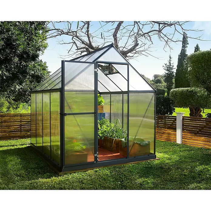 Palram – Canopia Invernadero Mythos - Medidas ext. (An x Pr): 185 x 247 cm, 4 mm, Gris - Un invernadero con plantas en el interior, rodeado de césped y una valla de madera. El invernadero proporciona protección y condiciones de crecimiento ideales.
