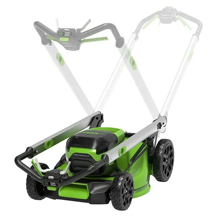 Greenworks 60V Akkusystem Akku-Rasenmäher GD60LM46SP - 60 V, 1 Akku, 4 Ah, Schnittbreite: 46 cm - Akkubetriebener Rasenmäher in Grün und Schwarz mit silbernen Griffen, ideal für effizientes Rasenmähen.