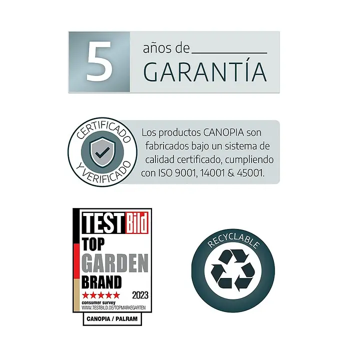 Palram – Canopia Invernadero Essence - Medidas ext. (An x Pr): 244 x 487 cm, Material de la pared lateral: Plástico, 6 mm, Plateado - Imagen del producto con "5 años de garantía", logotipo "Reciclable" y certificación de calidad.