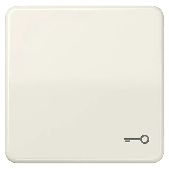 Jung CD 500 Universalwippe CD590T - Mit Symbol Schlüssel, Weiß glänzend, Kunststoff - Nahaufnahme einer cremefarbenen elektronischen Abdeckung mit Schlüsselsymbol unten rechts. Ideal für Hausautomation und Sicherheitssysteme.