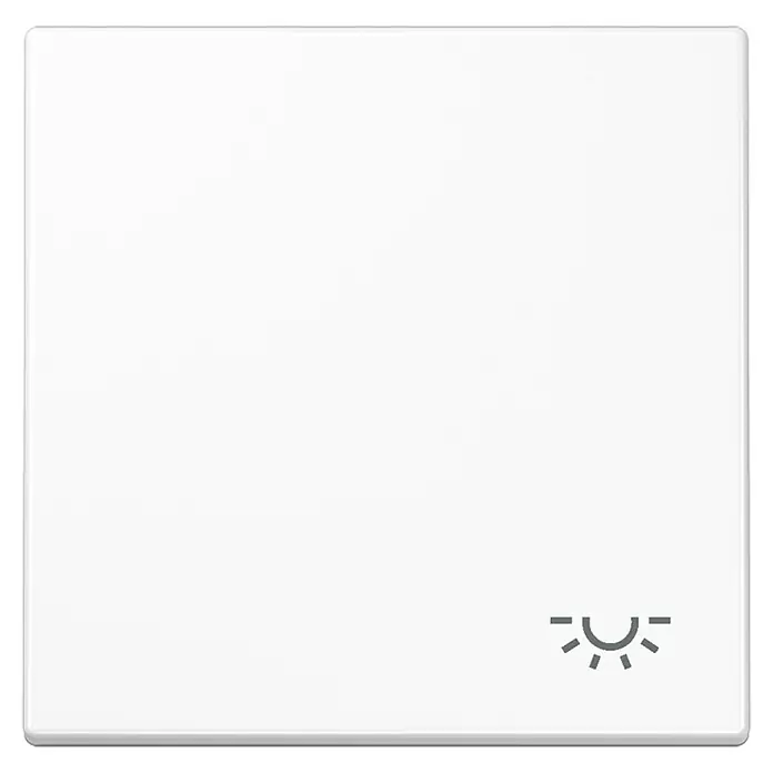 Jung LS 990 Universalwippe LS990LWW - Mit Symbol Licht, Alpinweiß glänzend, Kunststoff - Nahaufnahme eines weißen Lichtschalters mit einem subtilen Symbol zur Helligkeitsregulierung in der unteren rechten Ecke. Elegantes Design.