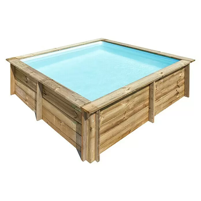 Gre Holz-Pool City - L x B x H: 225 x 225 x 68 cm, Braun, 2.300 l - Quadratischer Aufstellpool aus Holz, gefüllt mit klarem, blauem Wasser.