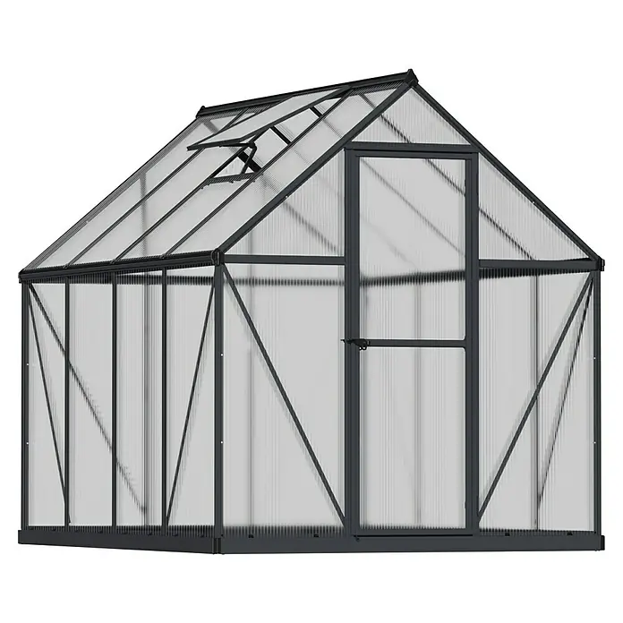 Palram – Canopia Invernadero Mythos - Medidas ext. (An x Pr): 185 x 247 cm, 4 mm, Gris - La imagen muestra un invernadero con estructura negra y paredes transparentes, ideal para jardinería y cultivo de plantas.