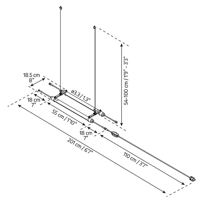 Palram – Canopia Plafón Brighton - Largo: 55 cm - Dibujo técnico de una lámpara colgante, que muestra las dimensiones en centímetros y pulgadas para los detalles de instalación.