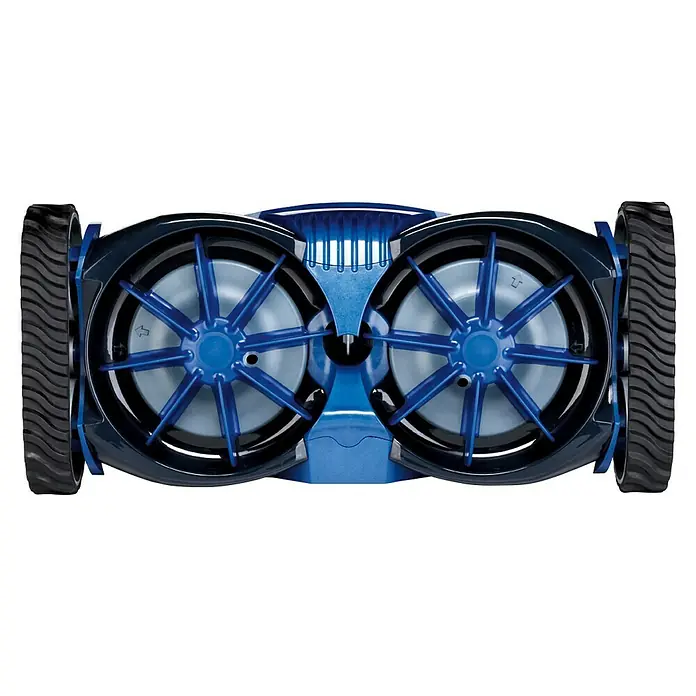 Zodiac Robot de piscina MX8 - Hidráulica, Piscinas hasta 1200 x 600 cm, 14 m³/h - Un primer plano de un robot cortacésped azul con ruedas grandes y cepillos giratorios, ideal para el cuidado eficiente del césped.