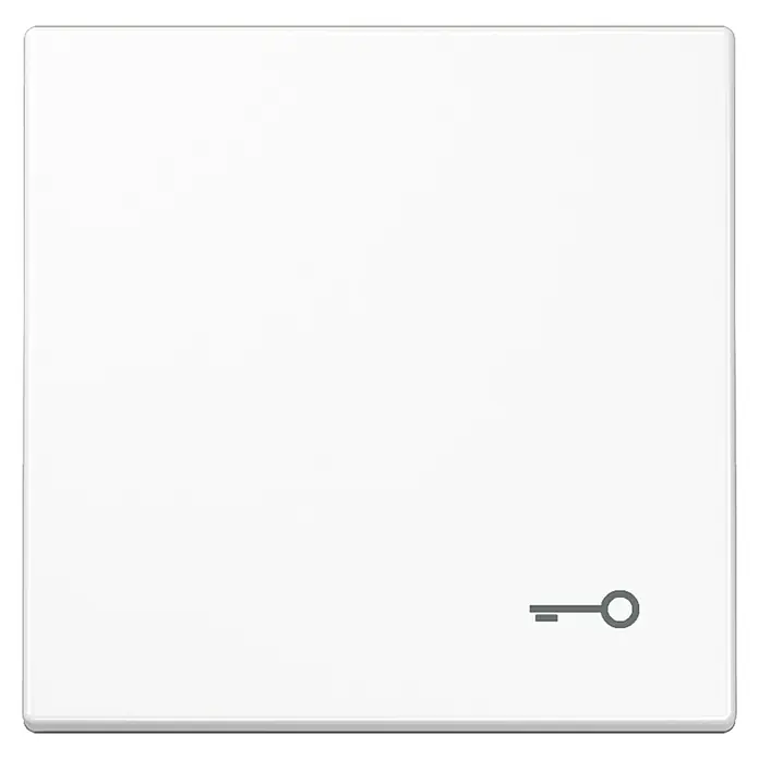 Jung LS 990 Universalwippe LS990TWW - Mit Symbol Schlüssel, Alpinweiß glänzend, Kunststoff - Nahaufnahme eines weißen Schalters mit Schlüsselsymbol, der ein minimalistisches Design und Funktionalität für moderne Innenräume bietet.