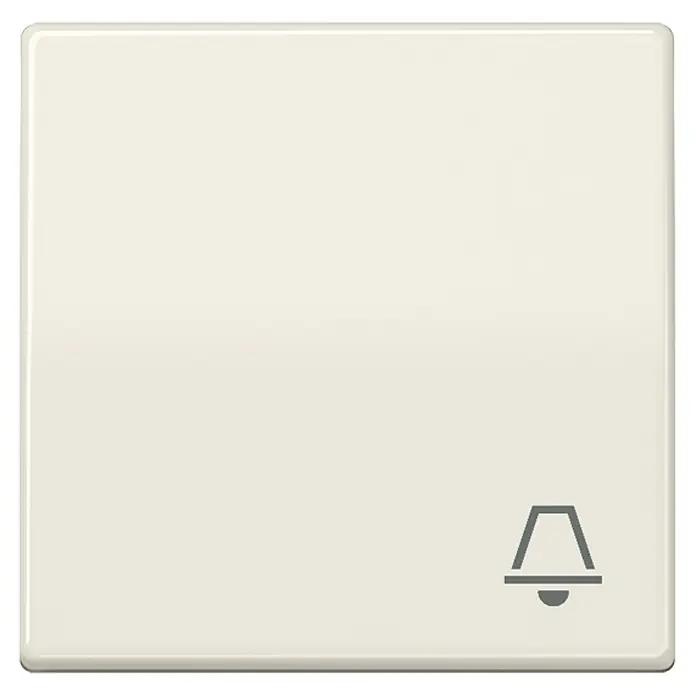 Jung AS 500 Universalwippe AS591K - Mit Symbol Klingel, Weiß glänzend, Kunststoff - Nahaufnahme einer weißen, quadratischen Türklingel mit einem einfachen Klingelsymbol in der unteren rechten Ecke.