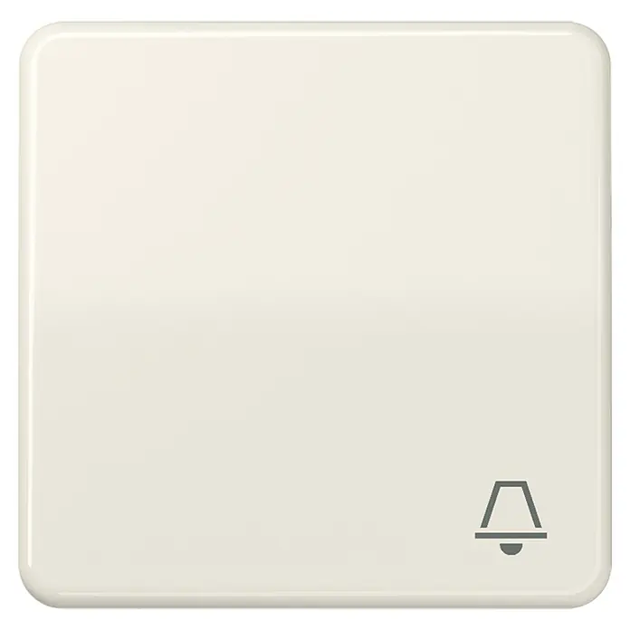 Jung CD 500 Universalwippe CD590K - Mit Symbol Klingel, Weiß glänzend, Kunststoff - Ein quadratischer, glänzender, cremefarbener Klingelknopf mit einer grauen Glocke in der unteren rechten Ecke.