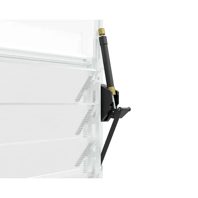 Palram – Canopia Abridor de ventana - L x An: 62 x 6 cm - Primer plano de una pata de soporte ajustable negra para gato de remolque. El dispositivo está montado en una estructura blanca y tiene detalles dorados.