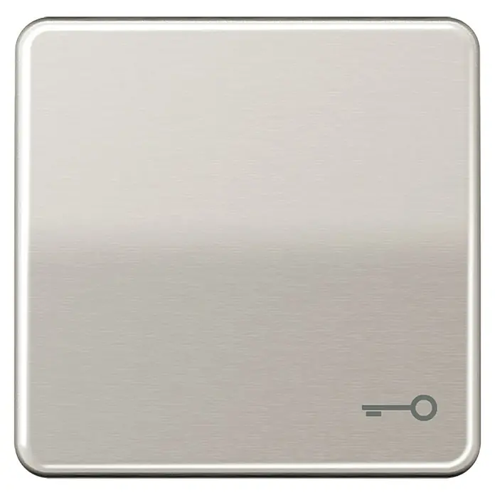 Jung CD 500 Universalwippe CD590TPT - Mit Symbol Schlüssel, Platin glänzend, Aluminium - Nahaufnahme einer quadratischen, silberfarbenen Metallabdeckung mit abgerundeten Ecken und einem Schlüsselsymbol in der unteren rechten Ecke.
