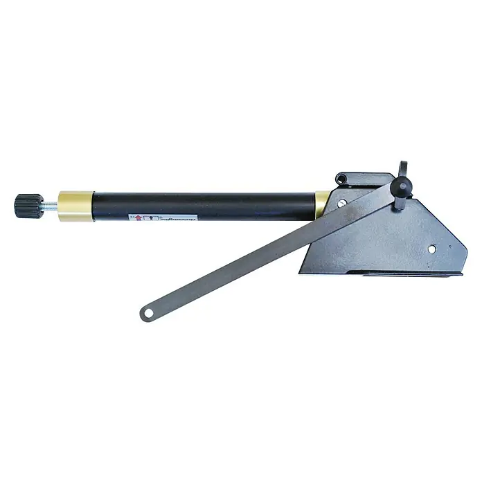 Palram – Canopia Abridor de ventana - L x An: 62 x 6 cm - Un primer plano de una herramienta de sujeción con mango negro y estructura de metal plateado, diseñada para mediciones y aplicaciones precisas.