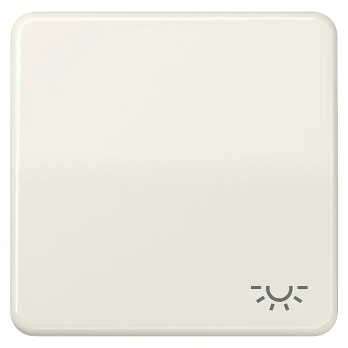 Jung CD 500 Universalwippe CD590L - Mit Symbol Licht, Weiß glänzend, Kunststoff - Helle, quadratische Lichtschalterabdeckung mit abgerundeten Ecken und einem Sonnensymbol in der unteren rechten Ecke.