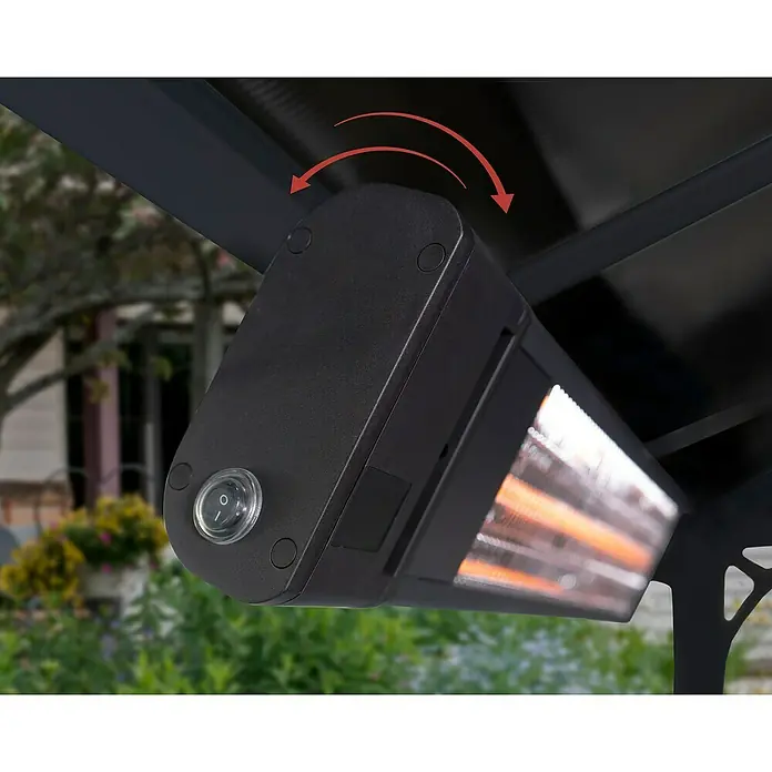 Palram – Canopia Calefacción para invernadero - 73,5 x 15,5 x 7,3 cm - Una toma cercana de un calefactor de patio negro montado en un techo. El calefactor es ajustable y cuenta con un interruptor.