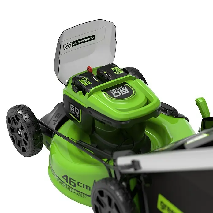 Greenworks 60V Akkusystem Akku-Rasenmäher GD60LM46SP - 60 V, Ohne Akku, Schnittbreite: 46 cm - Aufsicht eines Greenworks Akku-Rasenmähers mit zwei 60V-Akkus und Grasfangkorb. Ideal für Gartenarbeit und Rasenpflege.