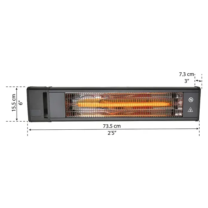Palram – Canopia Calefacción para invernadero - 73,5 x 15,5 x 7,3 cm - La imagen muestra las dimensiones de un calentador de infrarrojos, incluyendo la altura (15,5 cm), la anchura (73,5 cm) y la profundidad (7,3 cm).