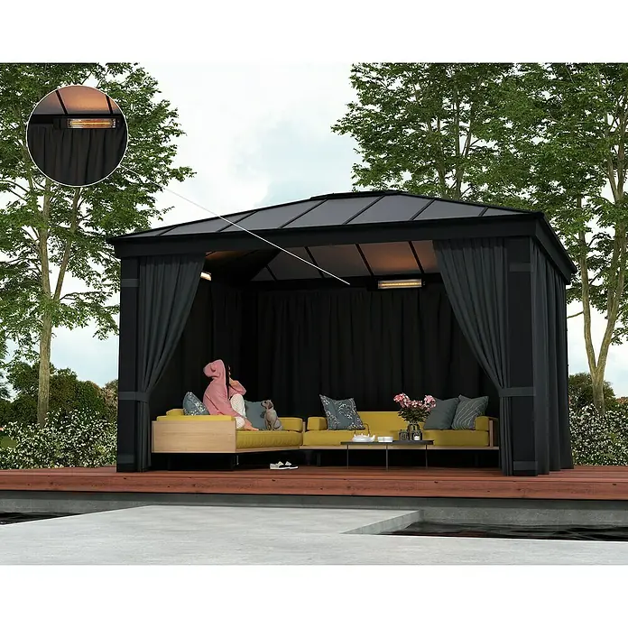 Palram – Canopia Calefacción para invernadero - 73,5 x 15,5 x 7,3 cm - Gazebo negro con cortinas y calefactor radiante para relajarse al aire libre. Acogedora zona de estar con cojines y flores.