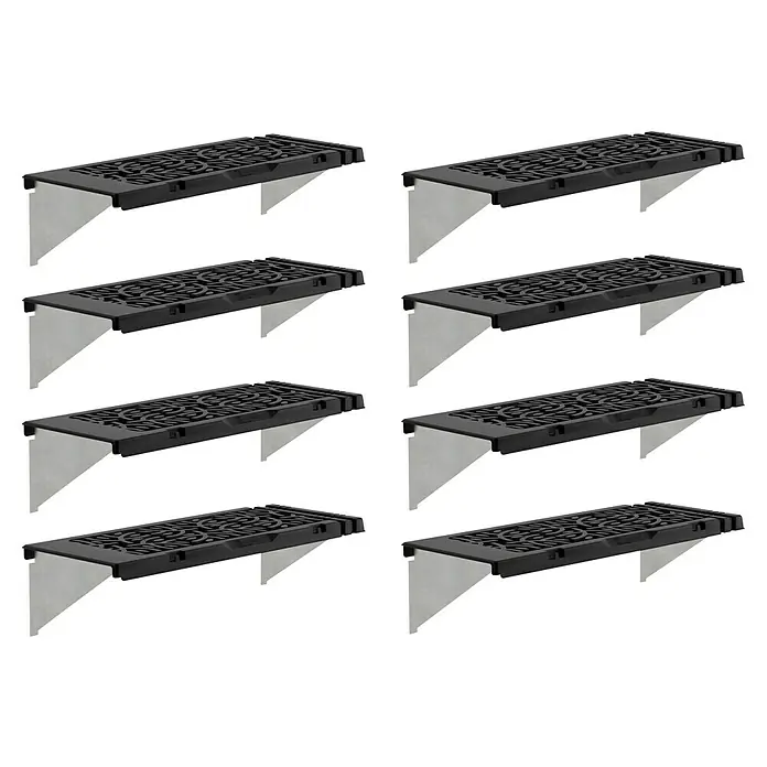 Palram – Canopia Estantería para invernadero - 64,5 x 27 x 17,3 cm, Específico para: Invernaderos Palram - Canopia - Ocho estantes de ducha negros con soportes plateados sobre un fondo negro.