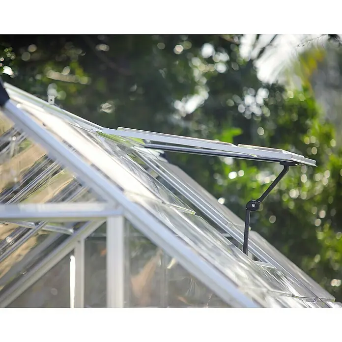 Palram – Canopia Ventana de techo Harmony - Cromo - Vista detallada de una ventana de invernadero con función de apertura automática que asegura una ventilación óptima.