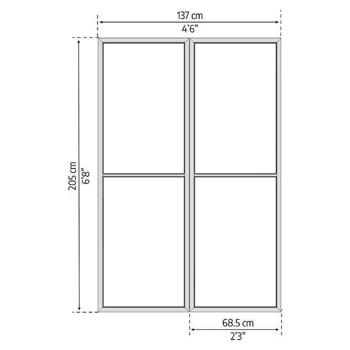 Palram – Canopia Mosquitera - An x Al: 137 x 205 cm, Específico para: Cenador Ledro - Ilustración de una ventana de doble panel con dimensiones de ancho y alto. Ideal para la planificación de la construcción.