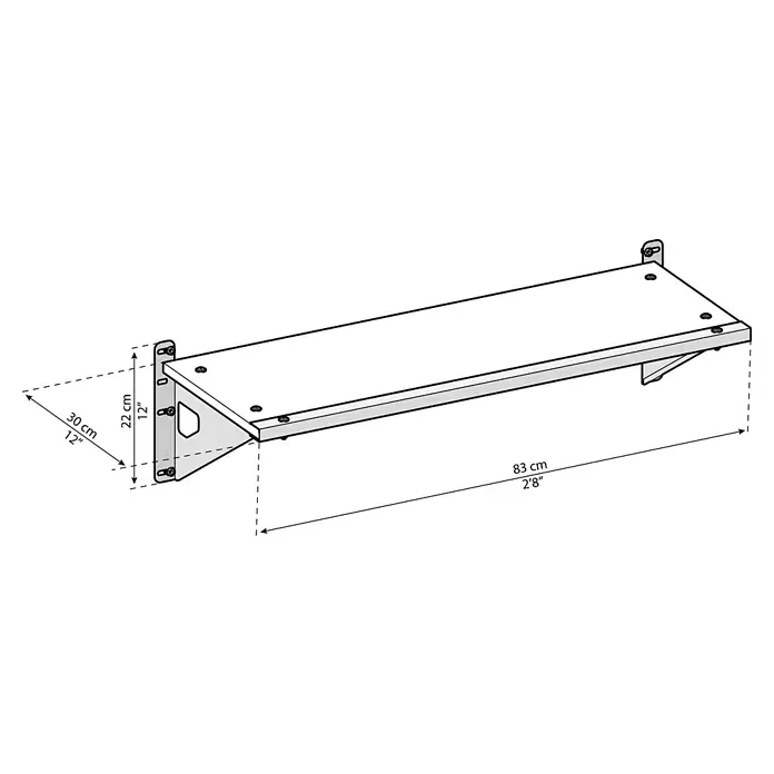 Palram – Canopia Estante - L x An: 83 x 30 cm, Blanco, Específico para: Casetas de jardín SkyLight y Rubicon - Ilustración de una estantería de pared con dimensiones, mostrando un estilo minimalista y una solución práctica para montaje en pared.
