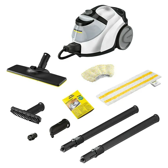Kärcher Dampfreiniger SC 5 EasyFix Iron Plug - 2.250 W, Aufheizzeit: 3 min, Behältervolumen: 1,5 l - Das Bild zeigt einen Kärcher Dampfreiniger mit verschiedenen Aufsätzen und Zubehörteilen auf schwarzem Hintergrund.