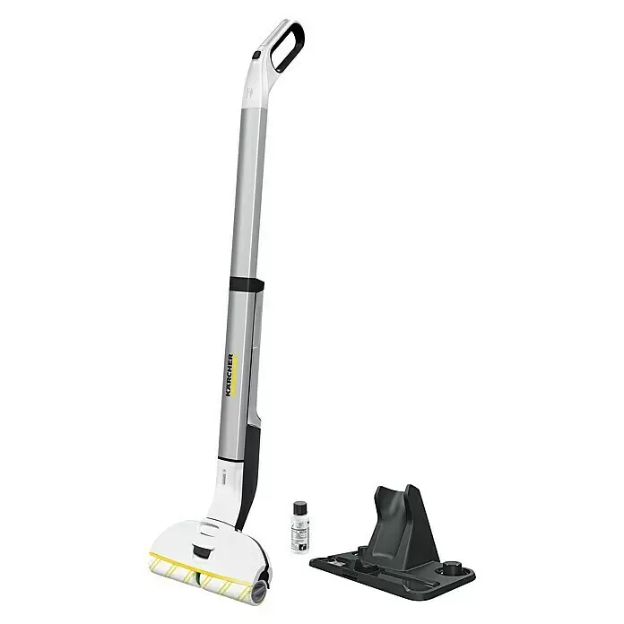 Kärcher Akku-Wischmopp EWM 2 - 7,4 V, Akkulaufzeit: 20 min, Flächenleistung: 180 m²/h - Kabelloser Kärcher Hartbodenreiniger in Weiß und Silber, mit schwarzer Ladestation und Reinigungsmittel.