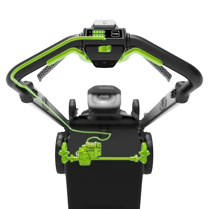 Greenworks 60V Akkusystem Akku-Rasenmäher GD60LM51SP - 60 V, 1 Akku, 4 Ah, Schnittbreite: 51 cm - Detailaufnahme des EGO Rasenmähers, der die Bedienelemente und den Antrieb hervorhebt. Das Bild betont die innovative Technologie und das Design.