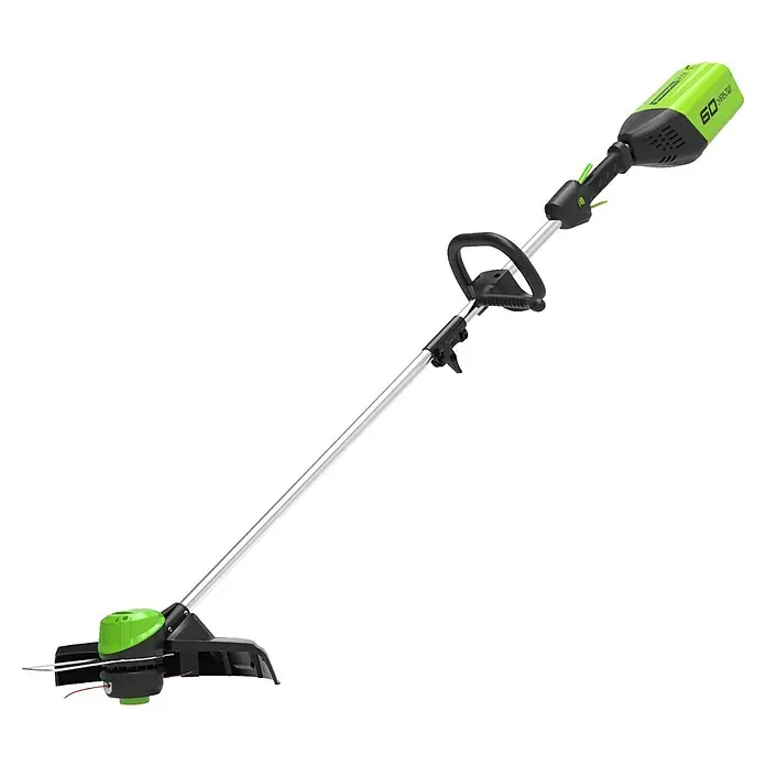 Greenworks 60V Akkusystem Akku-Rasentrimmer GD60LT - 60 V, Li-Ionen, Ohne Akku, Schnittbreite Faden: 40 cm - Freischneider mit Akku. Der Akku-Freischneider ist grün-schwarz und verfügt über einen verstellbaren Griff für optimalen Komfort.