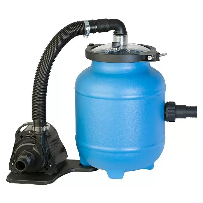 Gre Holz-Pool Lili 2 - Ø x H: 280 x 107 cm, Braun, 4.500 l - Blaues Poolfilterpumpensystem mit schwarzem Wellschlauch und Metallklemmen.