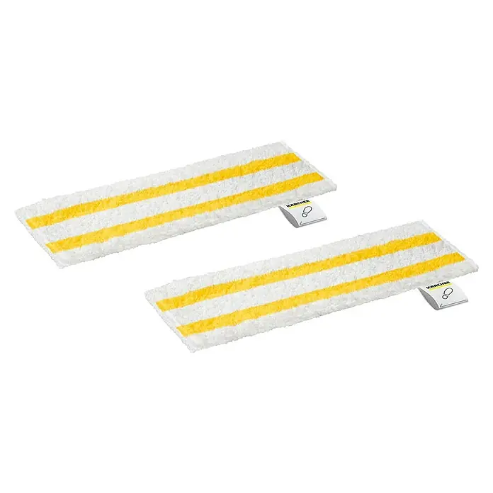 Kärcher Mikrofasertuch-Set Easy Fix - Passend für: Kärcher Dampfreiniger, 2 Stk. - Zwei weiße Kärcher-Bodenreinigungstücher mit gelben Streifen und angebrachten Etiketten, die für eine effektive und hygienische Reinigung sorgen.