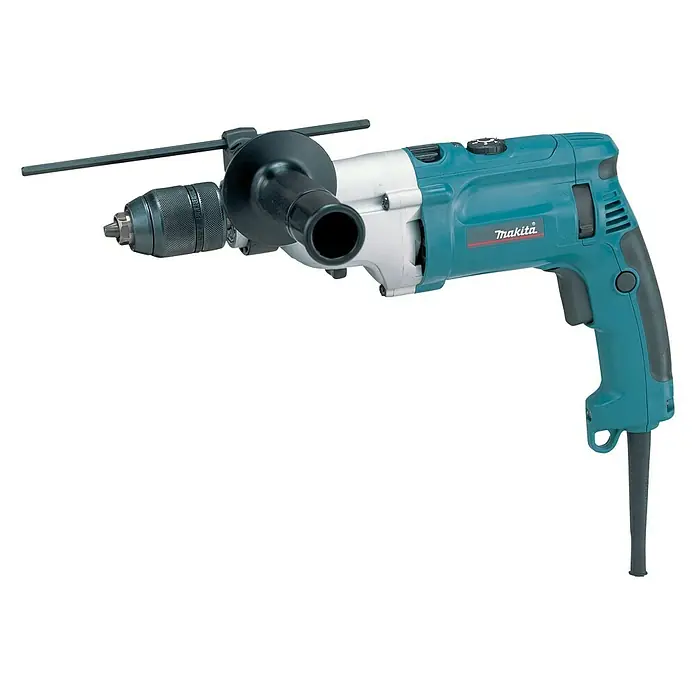 Makita Schlagbohrmaschine HP2071FJ - 1.100 W, Schnellspannbohrfutter - Bohrmaschine von Makita in blau-grauer Farbe. Ideal für Heimwerker und Profis, um präzise Löcher zu bohren. Robust und zuverlässig.