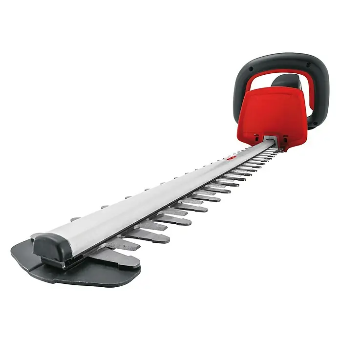 AL-KO 36V Akku-Heckenschere HT 4055 - 36 V, Li-Ionen, Ohne Akku, Schnittlänge: 55 cm - Aufsicht eines roten Heckenschneiders mit silberner Klinge und schwarzem Griff. Für den präzisen Heckenschnitt im Garten.