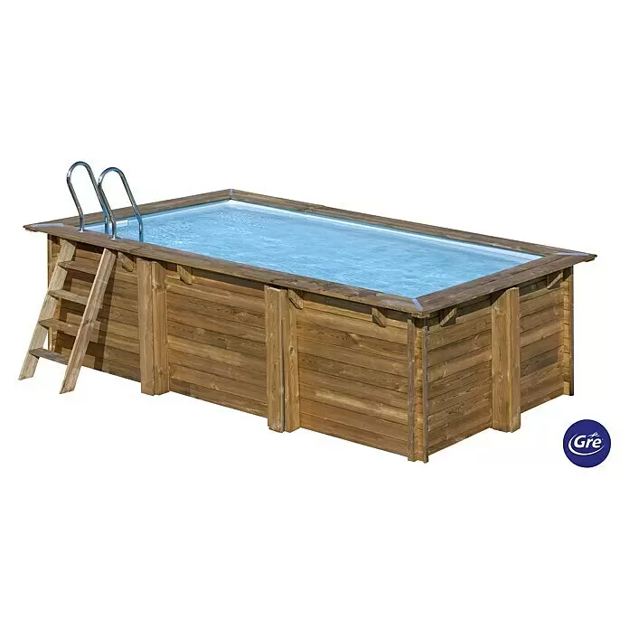 Gre Holz-Pool Marbella 2 - L x B x H: 420 x 270 x 117 cm, Braun, 10.000 l - Rechteckiger Aufstellpool aus Holz mit Holzleiter und Metallhandläufen, mit Wasser gefüllt.