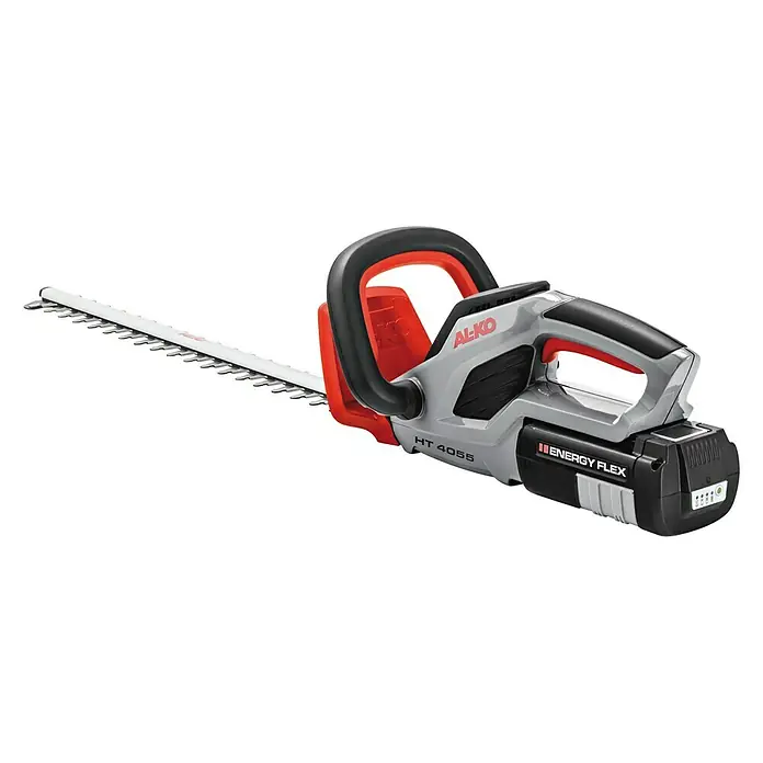 AL-KO 36V Akku-Heckenschere HT 4055 - 36 V, Li-Ionen, Ohne Akku, Schnittlänge: 55 cm - Akkubetriebene AL-KO HT 4055 Heckenschere mit grauen und roten Akzenten, ideal für präzise Gartenarbeiten.